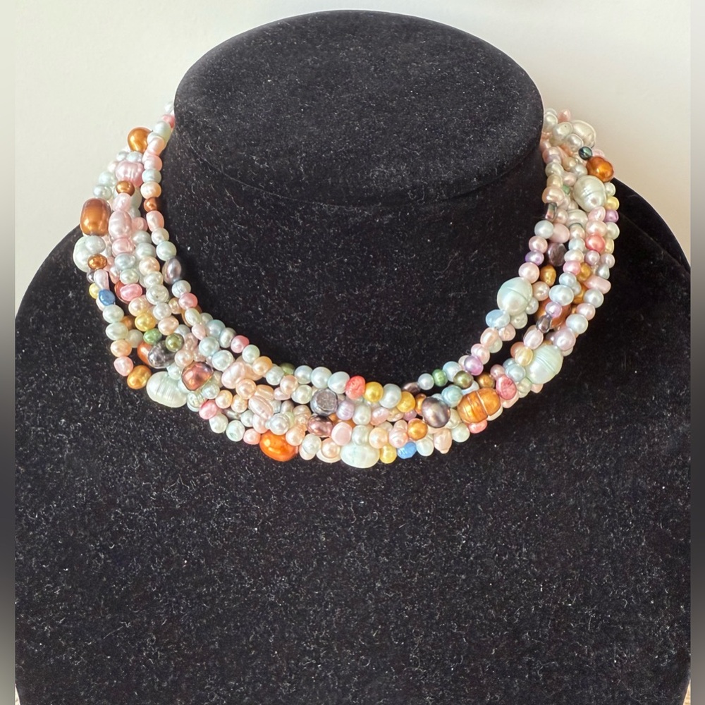 Sterling Silver 925 7-Strand Multi-Color Pearl Genuine Necklace Collar Choker - Picture 9 of 11